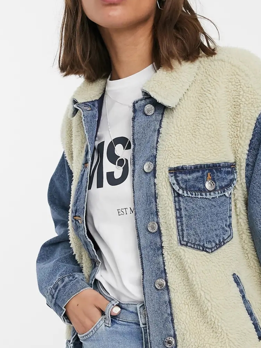 ONLY Denim and Sherpa Button-Up Jacket in Cream and Blue